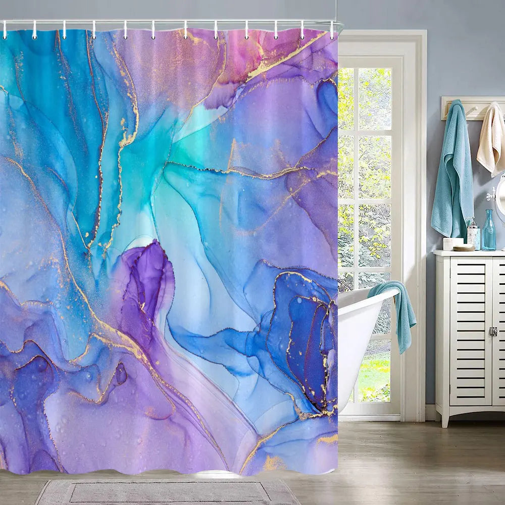 A purple and blue marble abstract fluid texture shower curtain featuring gold line art.