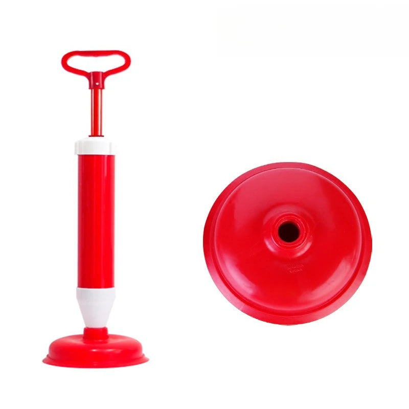 A red heavy-duty toilet plunger with a long handle and a round plunger head.