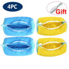 Four reusable blue and yellow shoe cleaning bags for washing and drying