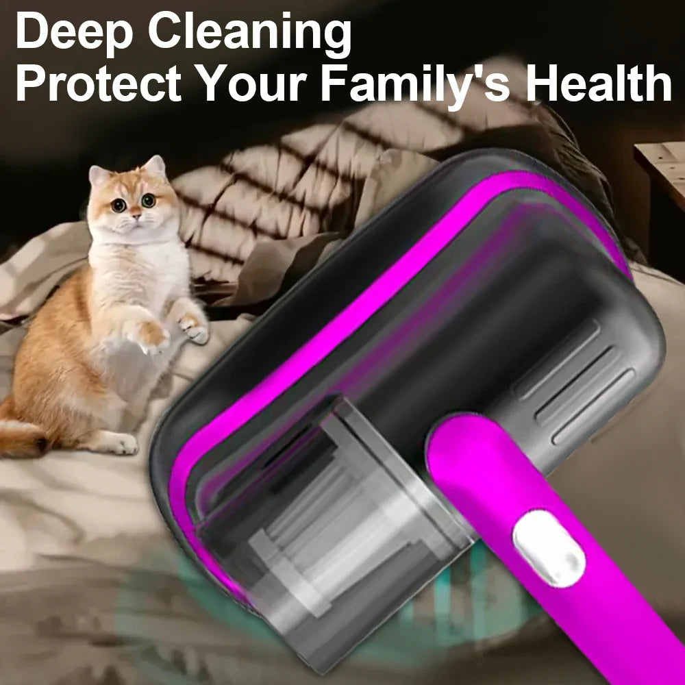 A handheld vacuum cleaner with a purple and black body is shown cleaning a mattress surface.