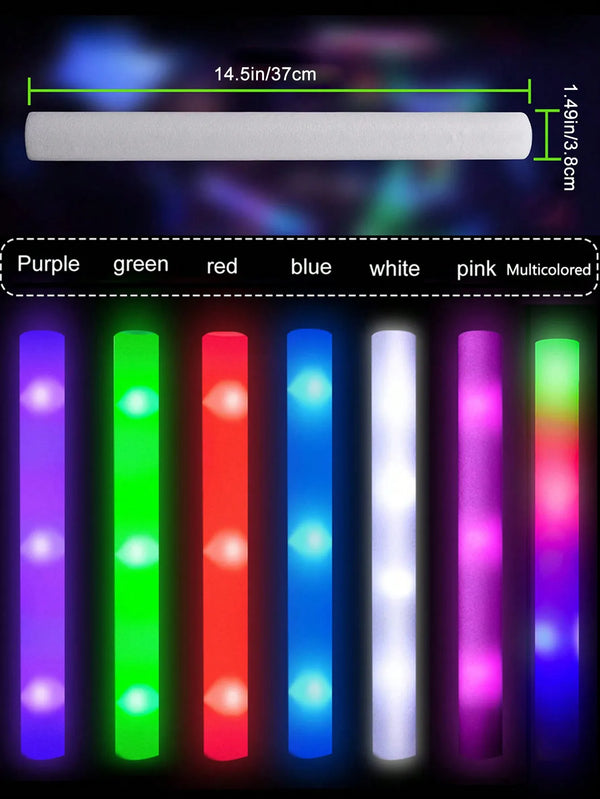 Set bunter LED-Glow-Sticks in einer Reihe, mit verschiedenen Farben wie Lila, Grün, Rot, Blau, Weiß