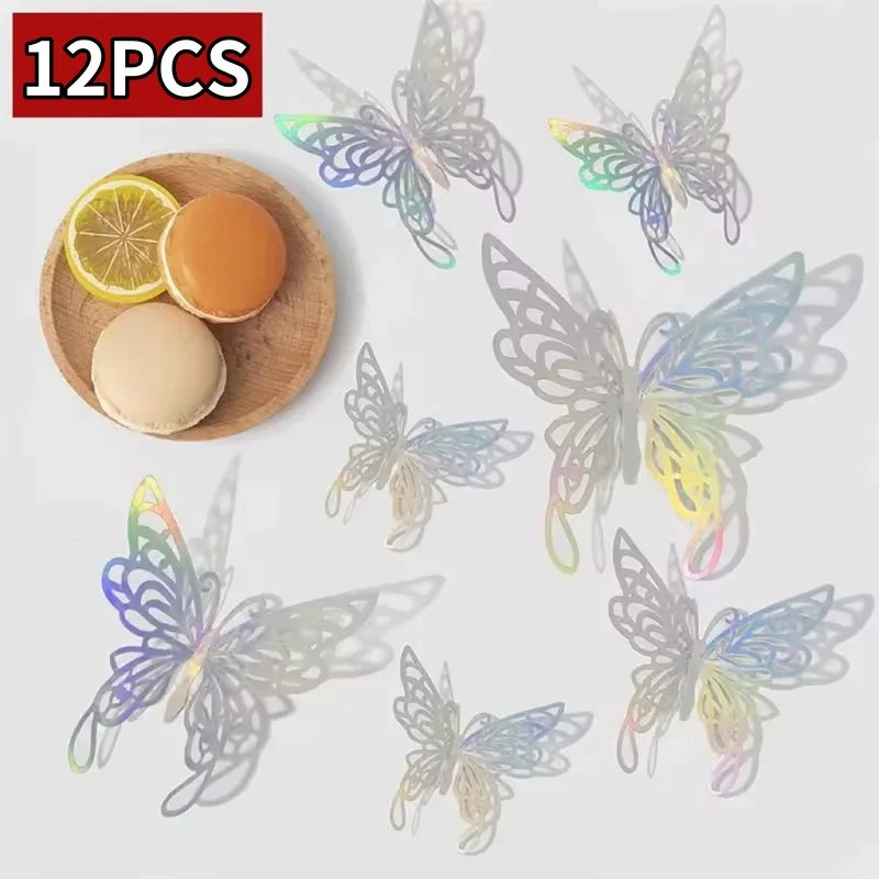 Twelve decorative butterfly wall stickers in various colors and shades