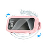 A pink phone holder with a rotating mechanism is shown being splashed by water.