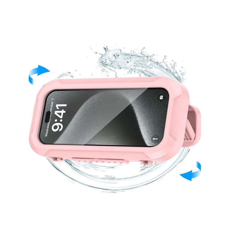 A pink phone holder with a rotating mechanism is shown being splashed by water.