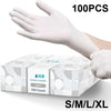 A box of 100 pairs of white nitrile disposable gloves is shown next to a hand wearing one glove.