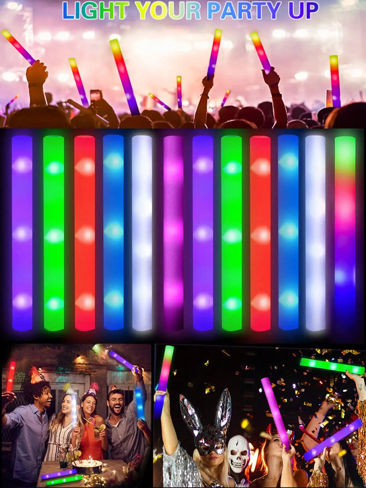 Eine Sammlung leuchtender LED-Schaumstifte und Partystäbe, die von Menschen bei einem Konzert oder einer Party gehalten werde