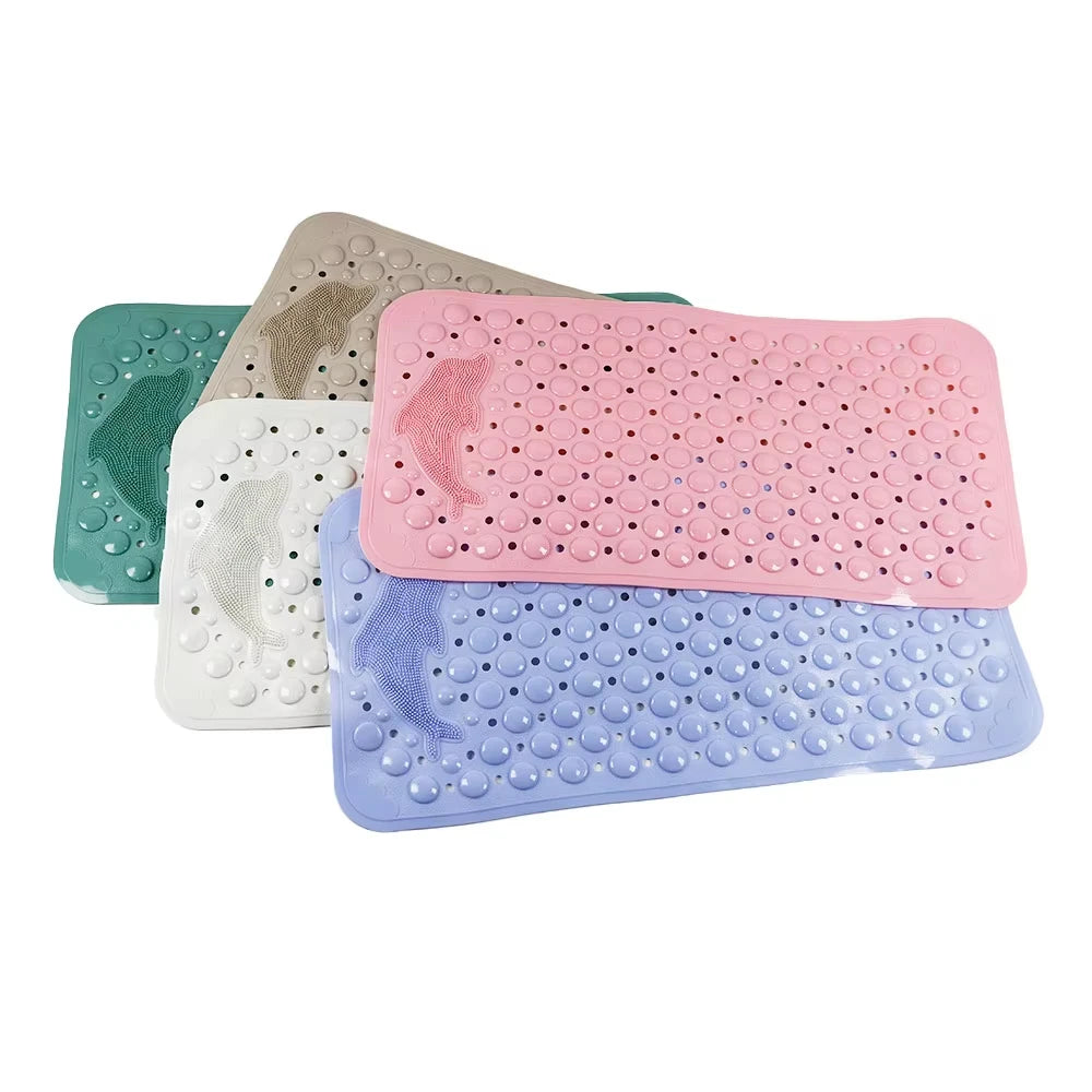A set of four rectangular non-slip bath mats in shades of green, beige, pink, and blue.