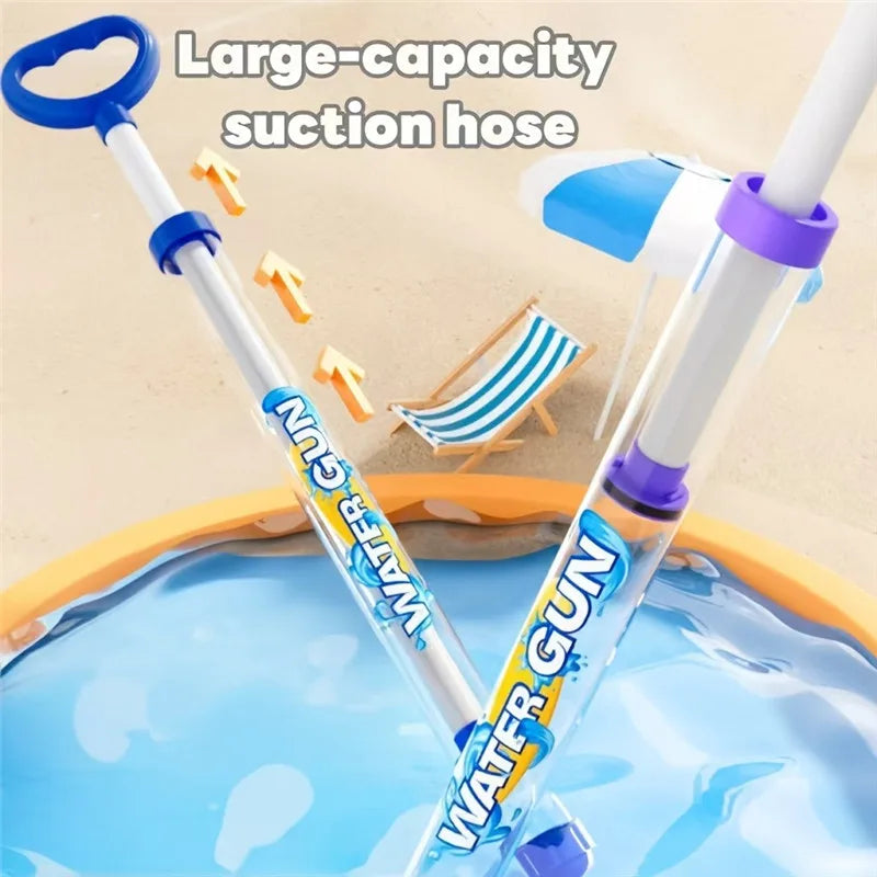 A large-capacity suction hose water gun is shown dipping into a pool.