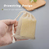 A hand holds a natural cotton mesh soap saver pouch, demonstrating its drawstring design for easy closure.
