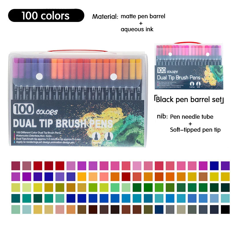 Ein Set von 100 Doppelspitzen-Brush-Stiften in verschiedenen Farben, präsentiert in einer klaren Kunststoffhülle.