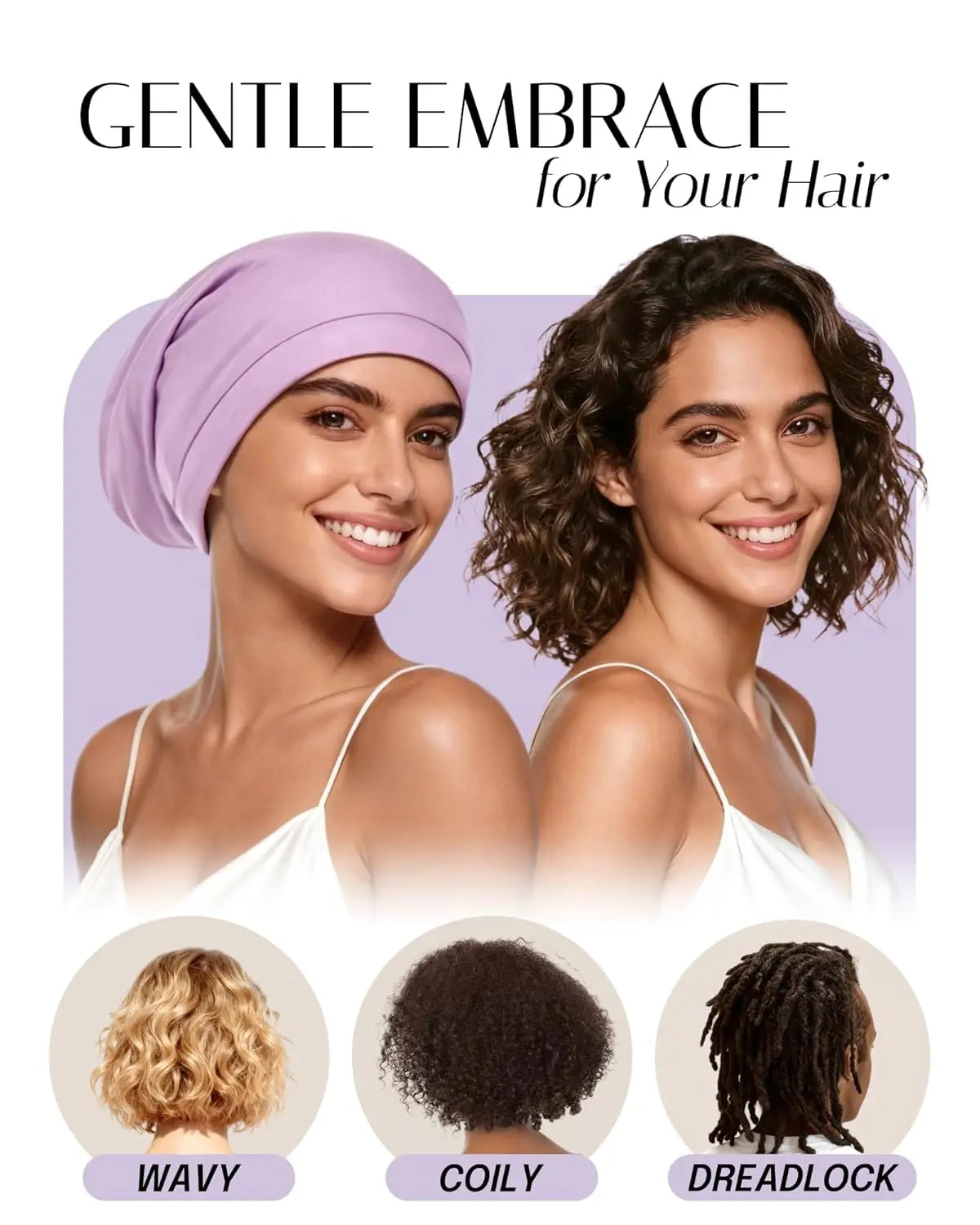 A purple satin sleep bonnet is shown alongside examples of wavy, curly, and dreadlock hairstyles.