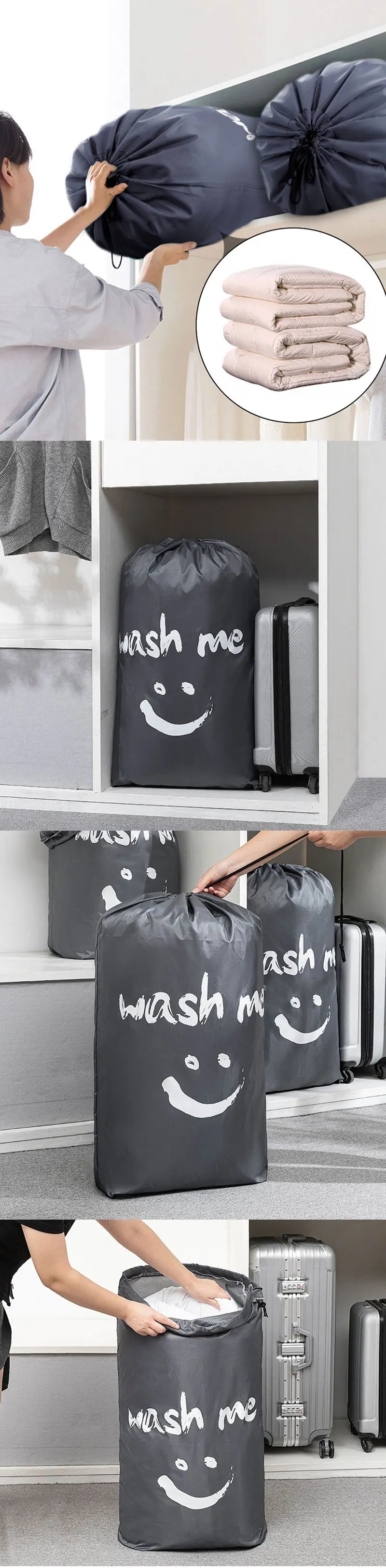 Un sac à lessive en nylon noir robuste utilisé pour le stockage et le linge.