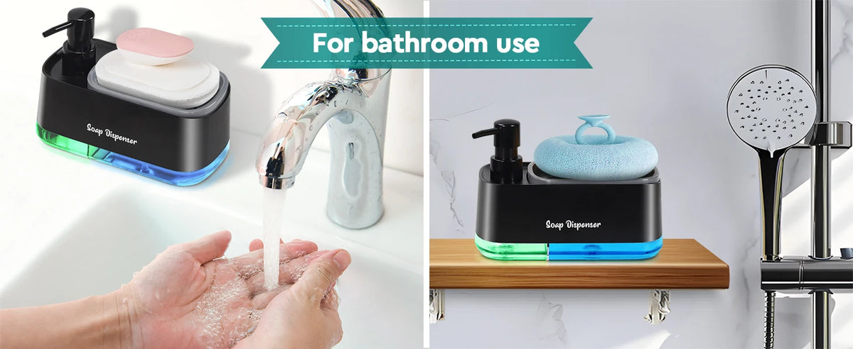 Une main distribue du savon d'une pompe électrique noire et bleue pour la salle de bain.