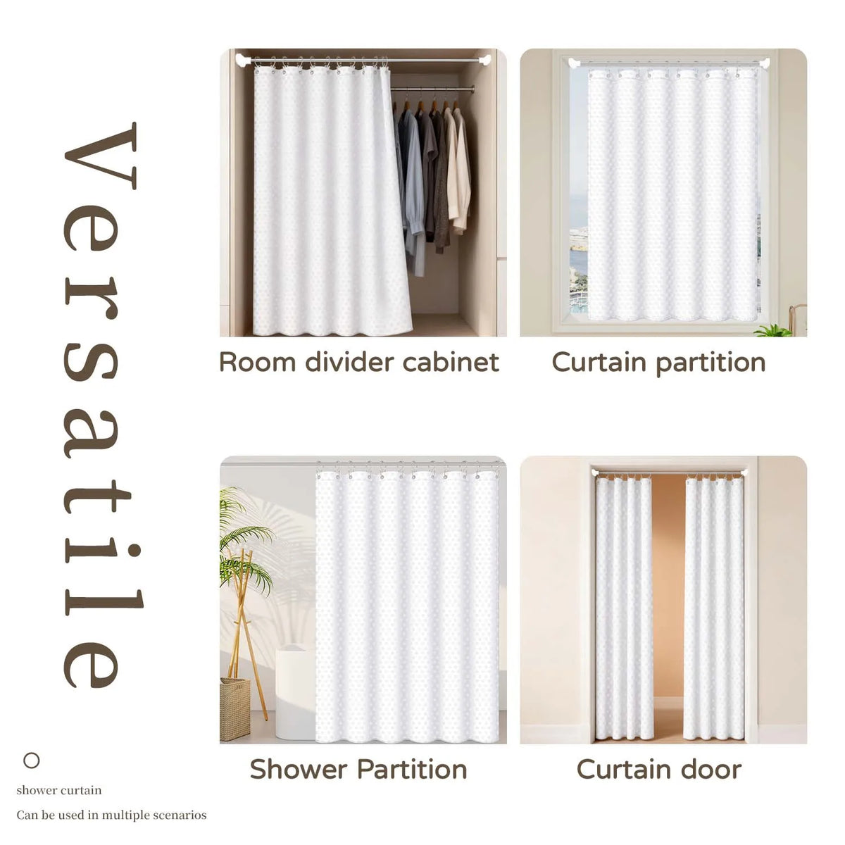 Various white fabric curtains and partitions including a room divider cabinet, curtain partition, shower partition, and curta