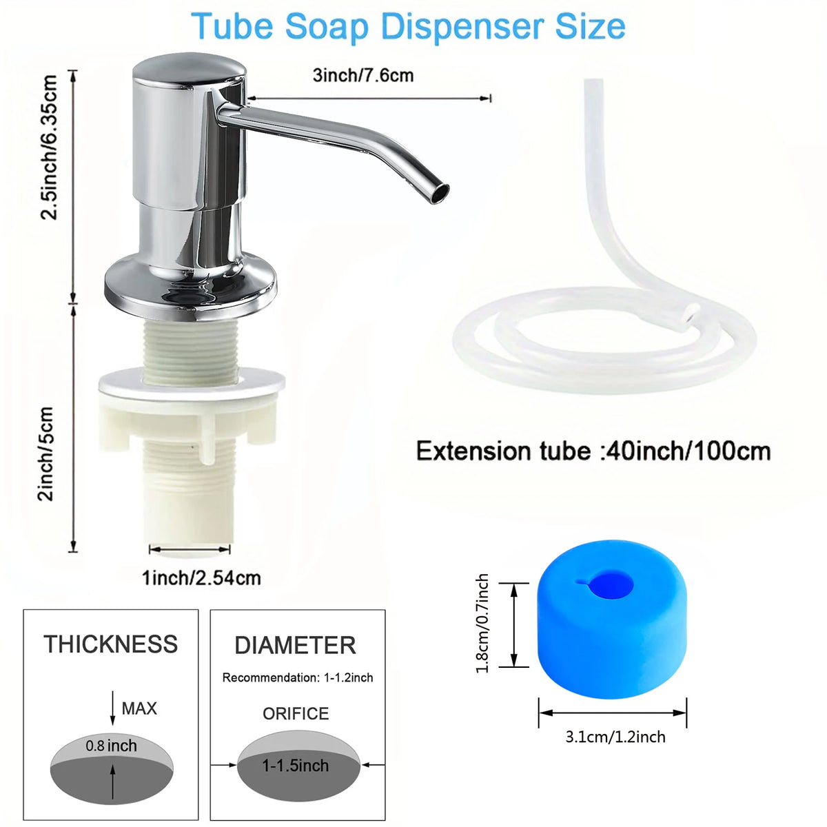 Stainless steel liquid soap dispenser with a 3 inch spout and an extension tube, shown next to a blue rubber bottle.