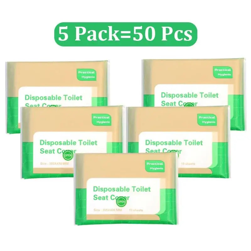 Five packs of disposable toilet seat covers, totaling fifty pieces.