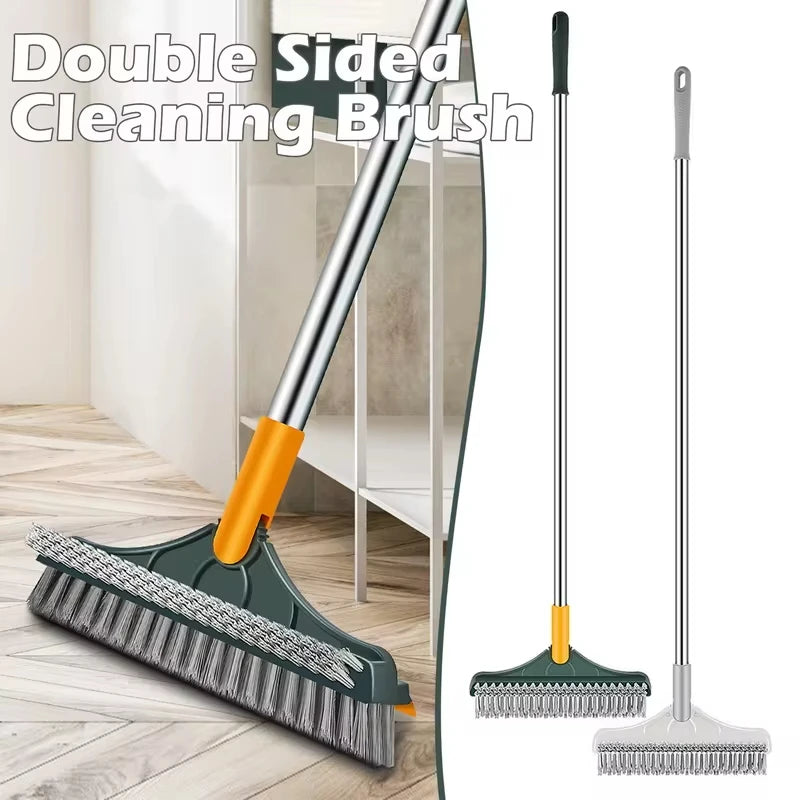 A double-sided cleaning brush with a handle and a flat scrubbing head shown next to a long, slender brush.