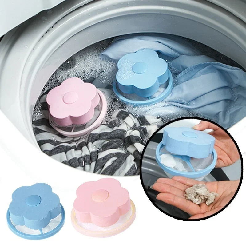 A set of light blue and pink floating laundry mesh filter bags for hair and lint shown inside a washing machine drum.
