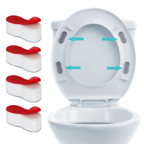 White toilet seat with red vibration dampening and protection pads installed.