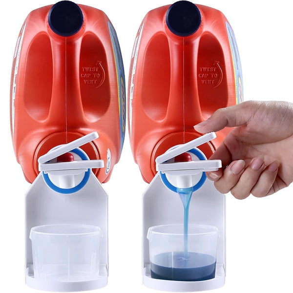 A hand is dispensing liquid laundry detergent from an orange reusable dispenser into a clear container.