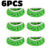 Six pieces of green reusable mop replacement cloths with white trim.