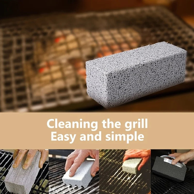 A gray pumice stone used as a cleaning brush for BBQ grill grates.