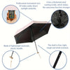 A black folding umbrella with a pink canopy and a light-colored shaft, shown with various features highlighted.