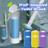 Set of disposable toilet brushes in blue and purple in a vertical holder