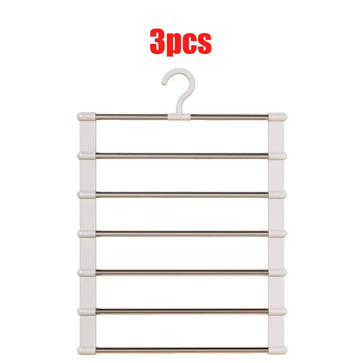 Three pieces of a space-saving foldable multi-layer pants hanger with non-slip clips.