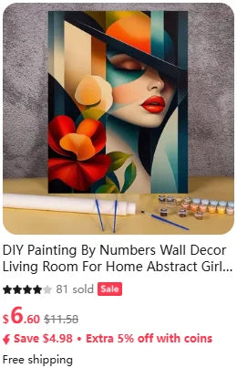 A painting of a woman's face in abstract colors, displayed with a DIY painting by numbers kit and paint supplies.