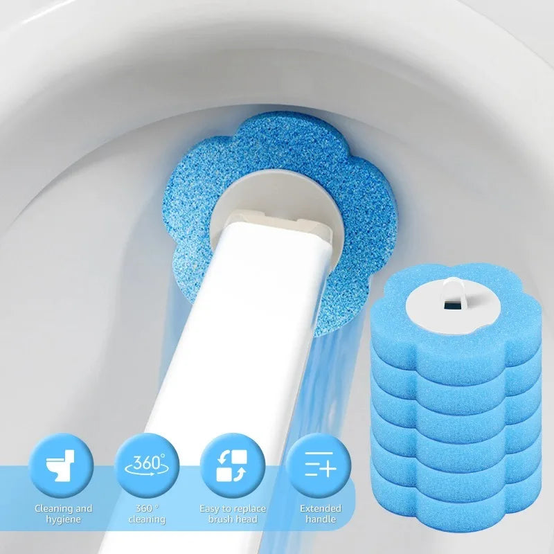 A white cleaning foam sponge is shown inside a toilet bowl, highlighting its 360-degree cleaning and easy replacement feature