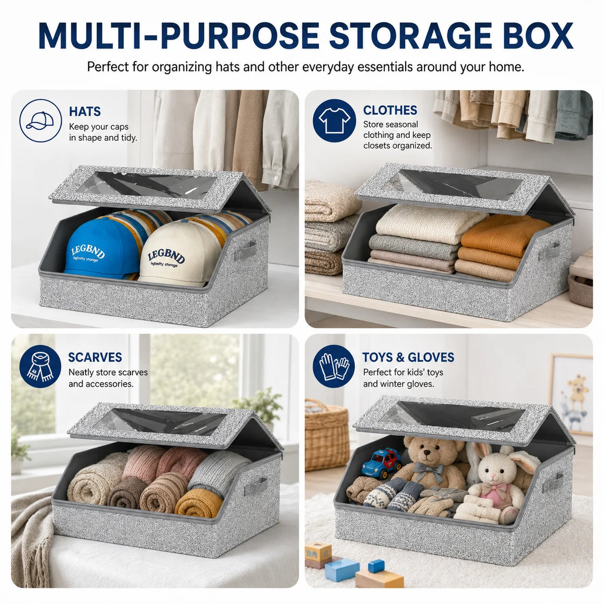 A multi-purpose storage box with multiple compartments for organizing hats, scarves, and clothing items.
