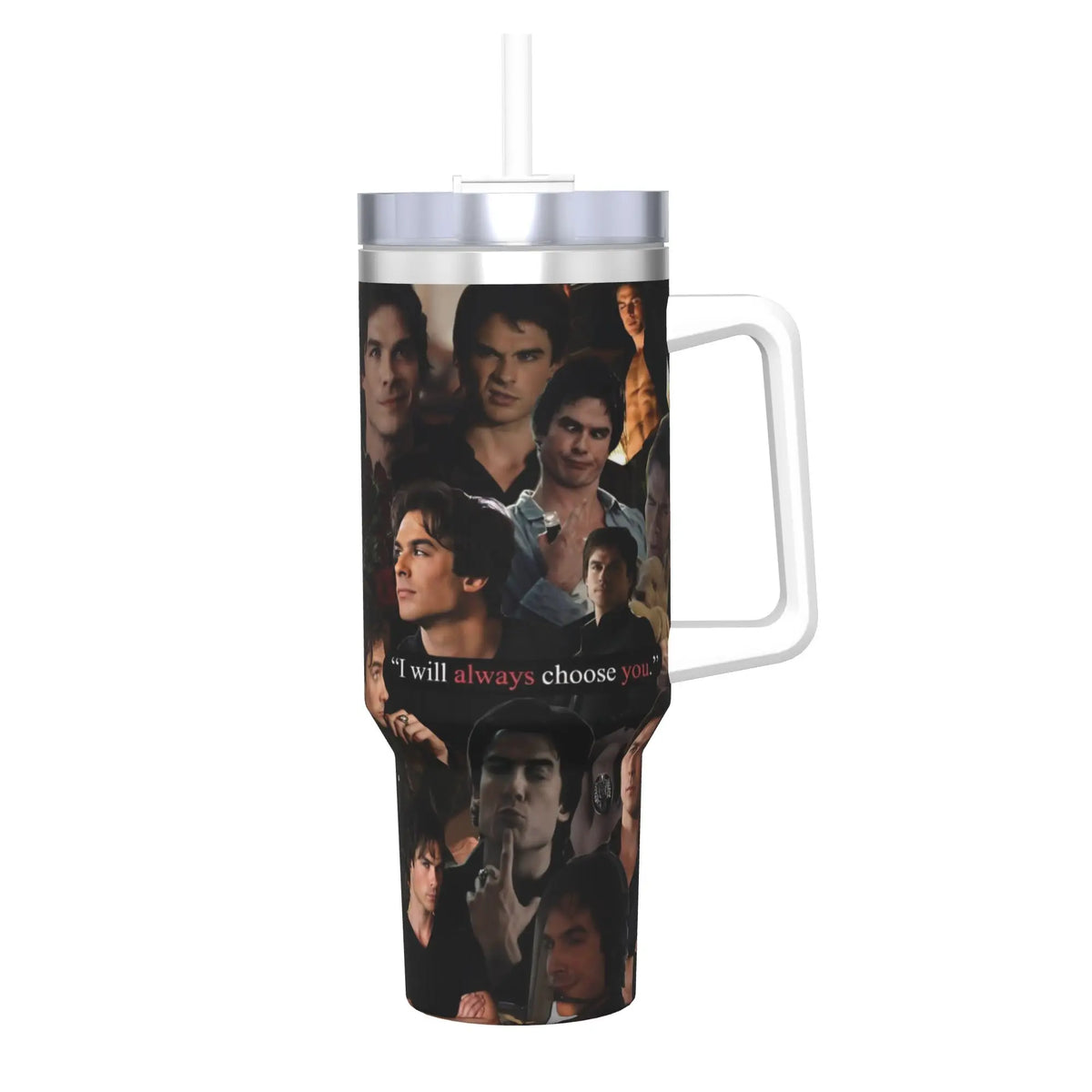 A stainless steel thermal tumbler with a straw featuring a collage of male faces.