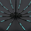 A black heavy-duty automatic windproof umbrella with glowing cyan accents, shown from above.