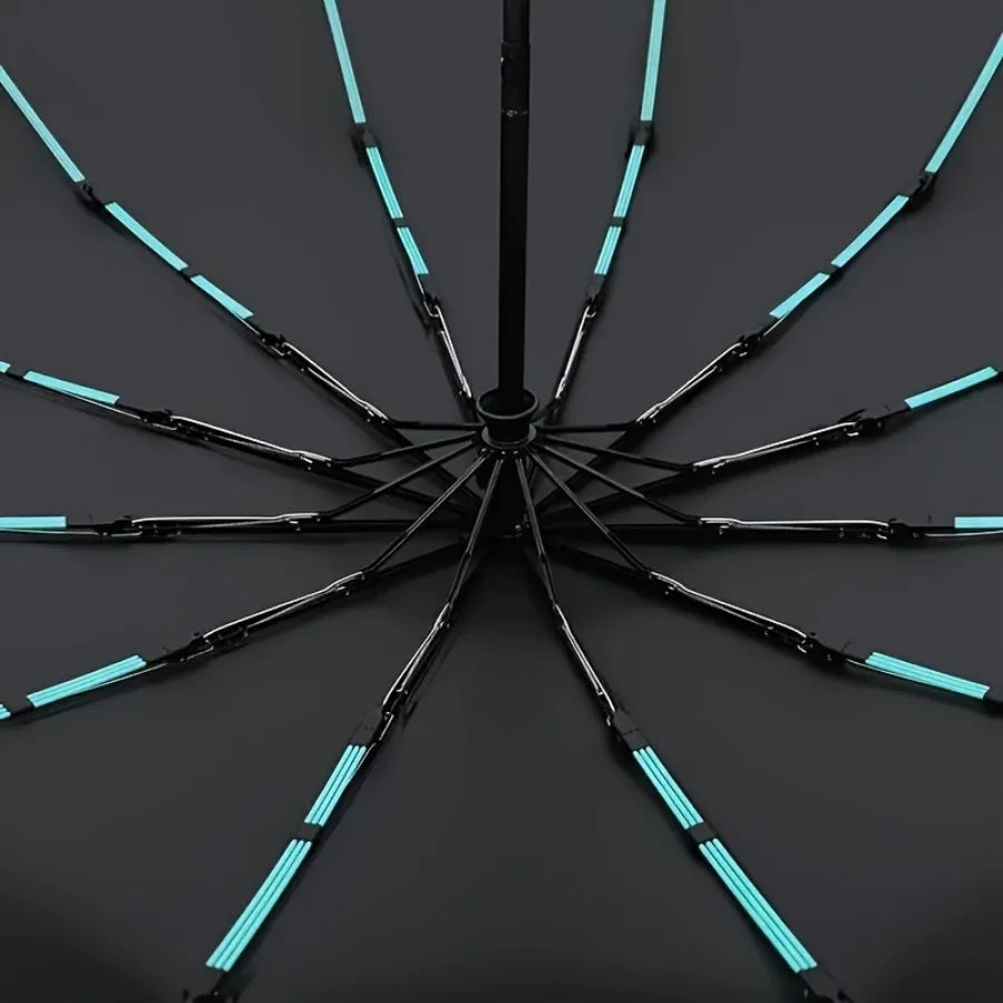 A black heavy-duty automatic windproof umbrella with glowing cyan accents, shown from above.