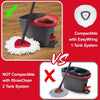 A compact mop with a red refill head is shown next to a white microfiber mop head, demonstrating compatibility with the EasyW