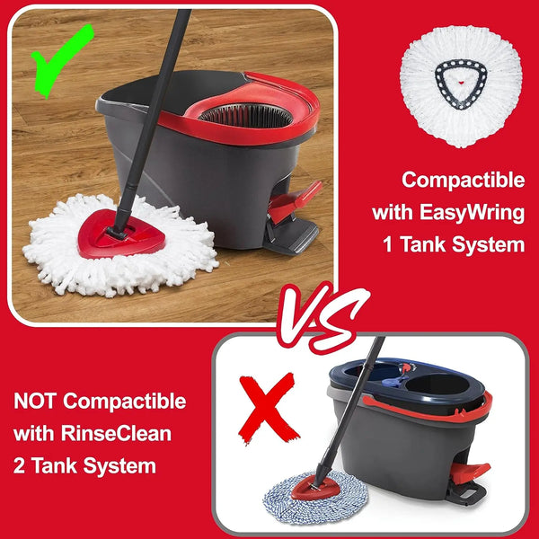 A compact mop with a red refill head is shown next to a white microfiber mop head, demonstrating compatibility with the EasyW
