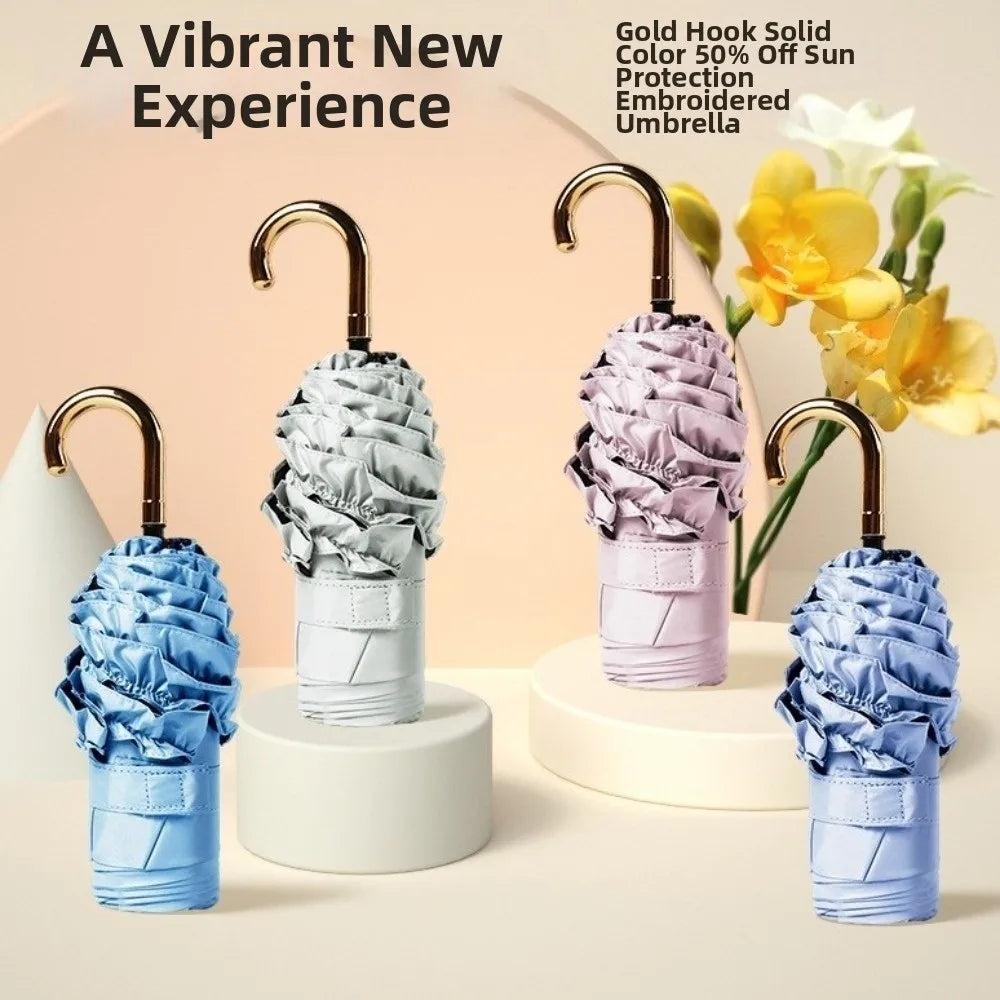 A vibrant new experience featuring a compact 5-fold lace umbrella with golden curved handles in blue and purple shades.