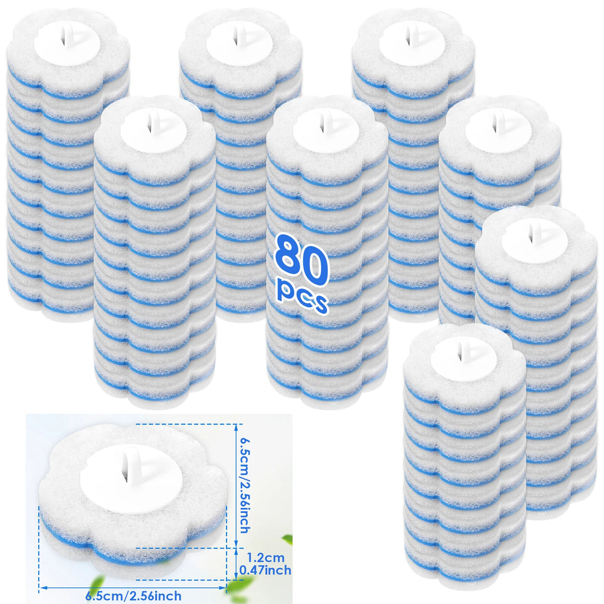 A set of disposable toilet brush cleaning kits with blue and white bristles and a lengthened handle.