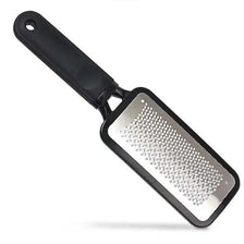 A black professional foot file and callus remover tool with a silver textured surface.