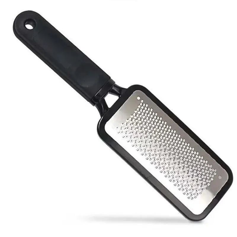 A black professional foot file and callus remover tool with a silver textured surface.
