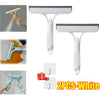 Two white multi-function glass cleaners and scrapers are shown, including a handheld scraper and a flat cleaning tool.