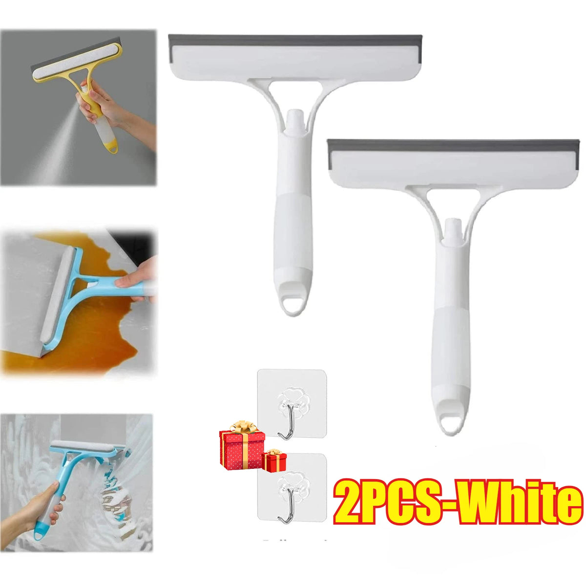 Two white multi-function glass cleaners and scrapers are shown, including a handheld scraper and a flat cleaning tool.