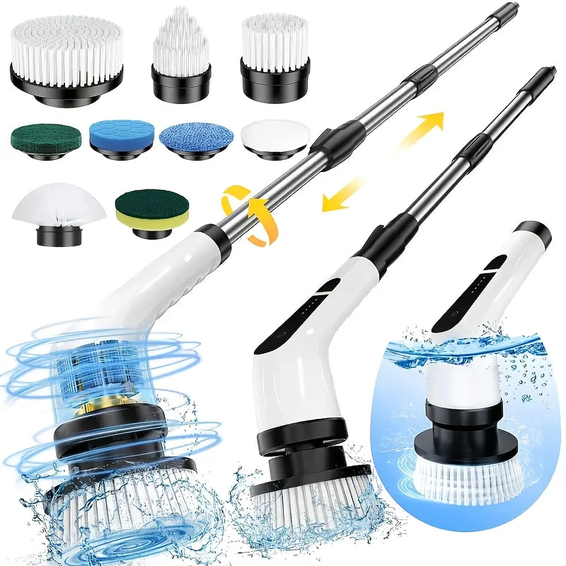 A set of electric spin scrubbers with multiple brush heads and a handle shown in various angles.