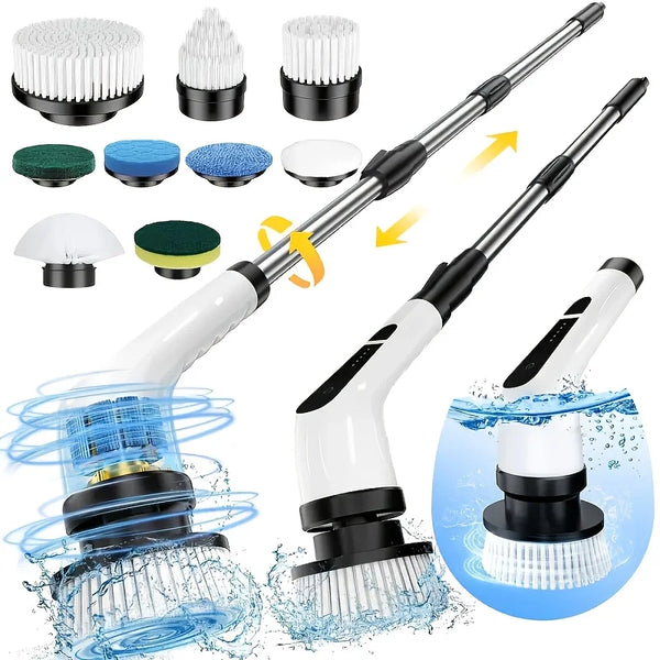 A set of electric spin scrubbers with multiple brush heads and a handle shown in various angles.