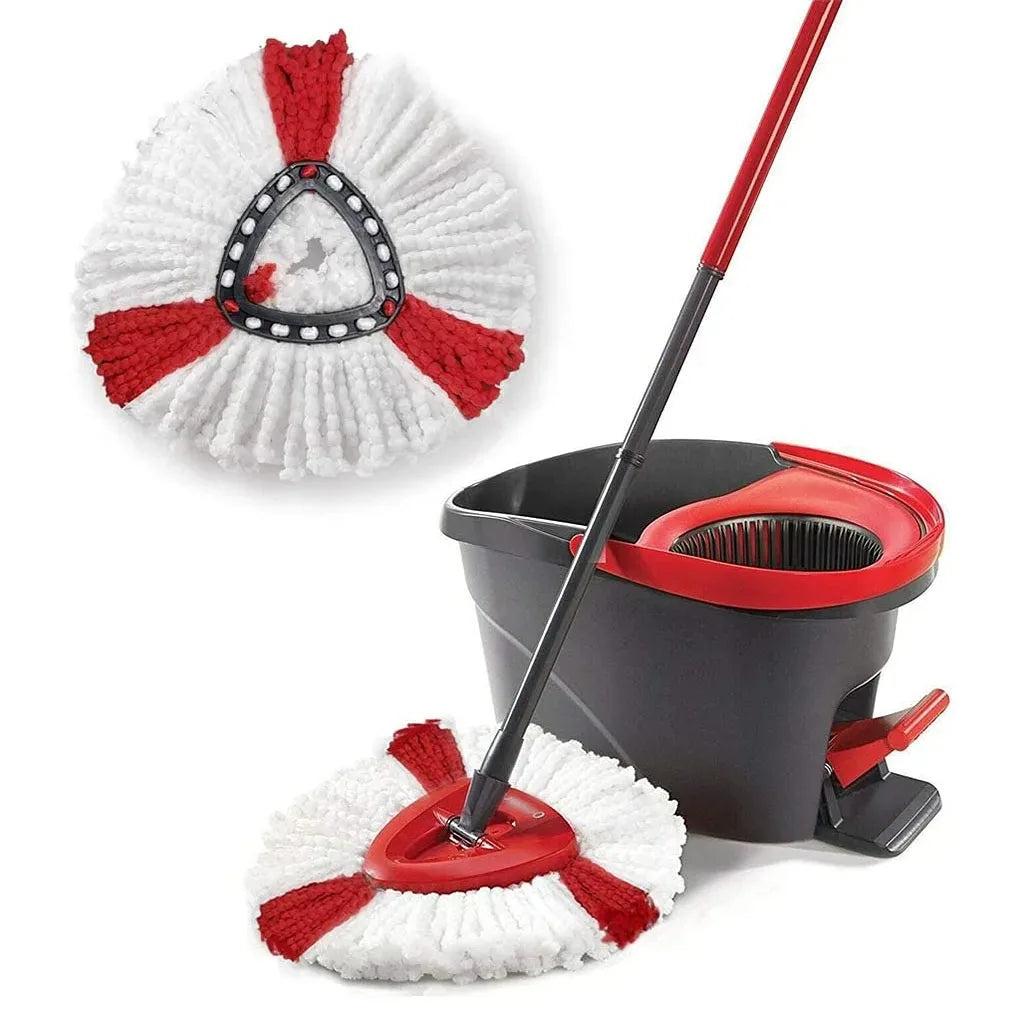 Replacement mop head pads for O-Cedar and Vileda EasyWring systems shown in white and red.
