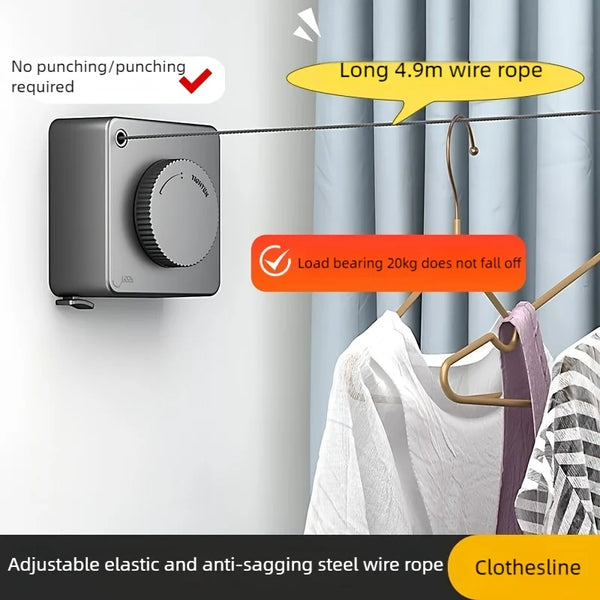 A gray retractable wire clothesline with a long 4.9m wire rope is shown hanging laundry.