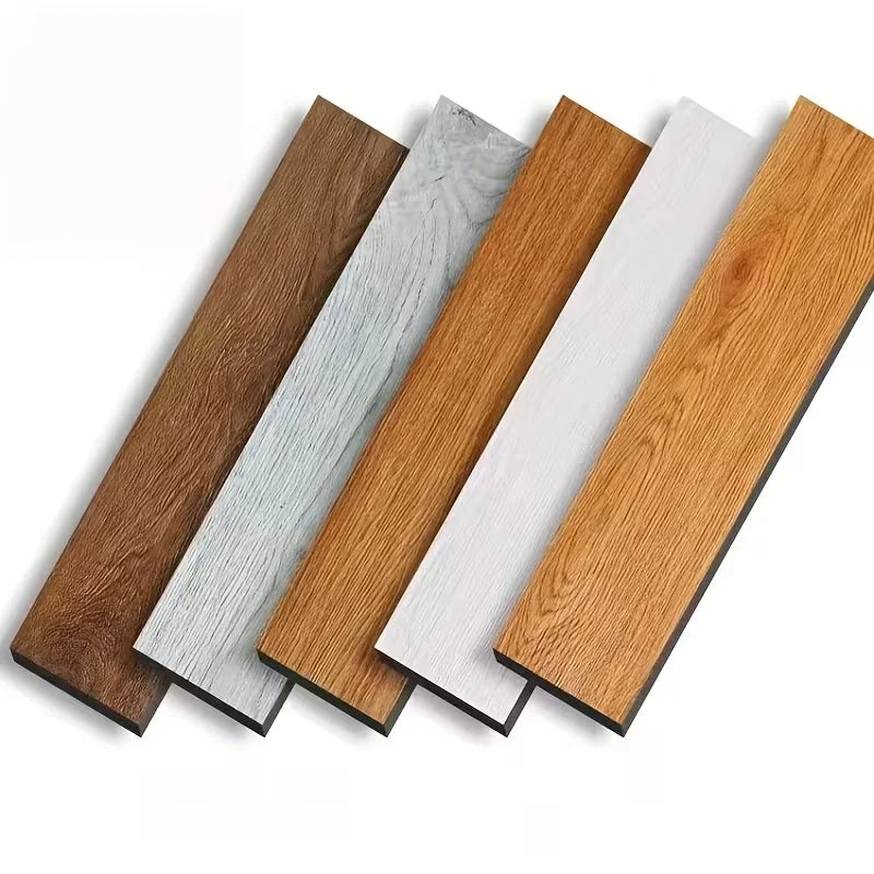 Colección de cinco calcomanías modernas de veta de madera autoadhesivas con varios tonos naturales y acabados blancos.