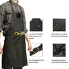 A dark denim tool apron is shown with various pockets and features, including a leather strap detail.
