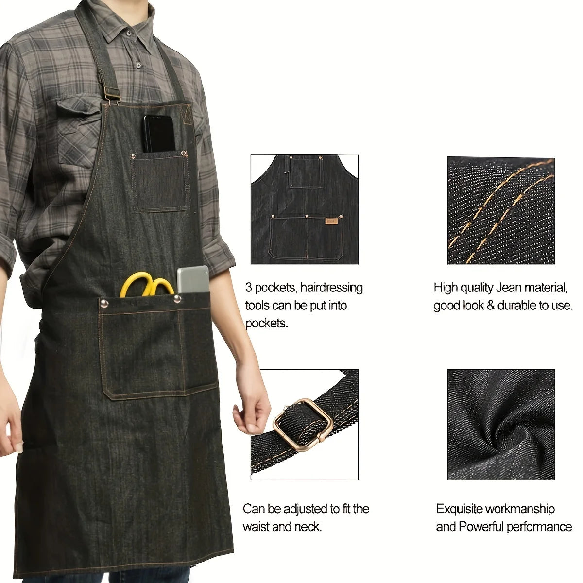 A dark denim tool apron is shown with various pockets and features, including a leather strap detail.